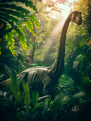 Diplodocus dinosaur on a lush and verdant woods in the Jurassic period - mesozoic era or age of dinosaurs concept