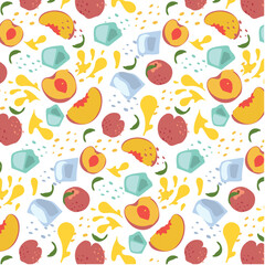 Abstract pattern with peach and ice cube pattern in flat style. Vector background. Fresh Seamless pattern. Summer time print. For vape, juice or ice cream background.