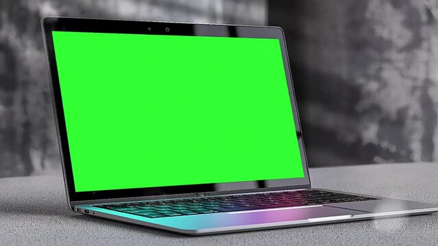 Animation of Laptop with blank green screen with plant shadow moving, inside Home interior