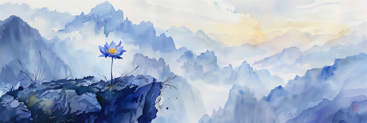 watercolor painting, a flower on the edge of a cliff with mountains in the background. - obrazy, fototapety, plakaty