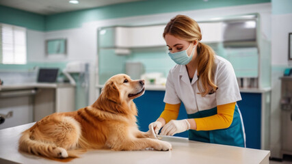 Cute dog at vet station. Veterinary clinic concept. Services of a doctor for animals, health and treatment of pets.
