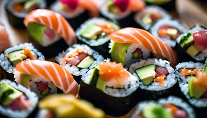 sushi rolls on a plate, platter of sushi rolls with colorful and flavorful