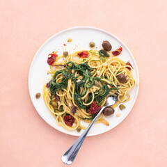 Spaghetti with Italian Agretti, Barba di frate or Saltwort or Salsola Soda, olives, anchovy,...