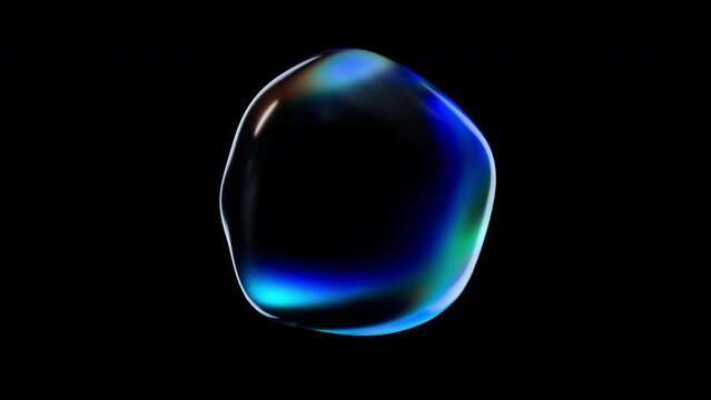 Realistic water bubble on black backdrop. Abstract liquid distorted sphere with iridescence. 3d render animation loopable