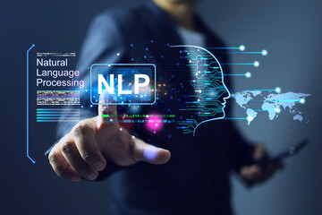 natural language processing NLP concept with businessman touch on computer processor to connecting on user interface - obrazy, fototapety, plakaty