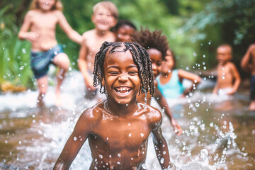 Group of children of various nationalities playing in the stream in summer. - obrazy, fototapety, plakaty