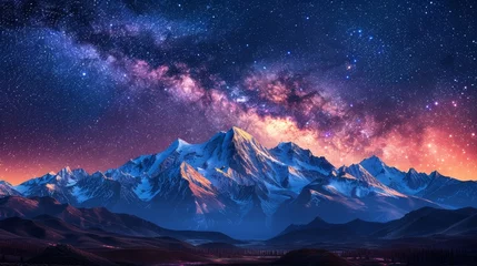 Crédence de cuisine en verre imprimé Blue nuit As the Milky Way stretches across the heavens, a mountain range is bathed in its celestial glow, casting a spell of enchantment over the rugged landscape below.