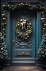 Fototapeta na wymiar Luxurious Christmas Wreath on a Vintage Door. Christmas concept