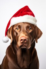 Adorable Brown Dog in Christmas Hat on White Background. Christmas concept