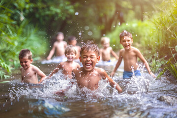 Group of children of various nationalities playing in the stream in summer.