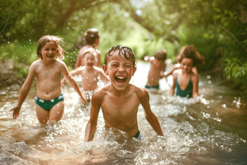 Group of children of various nationalities playing in the stream in summer.