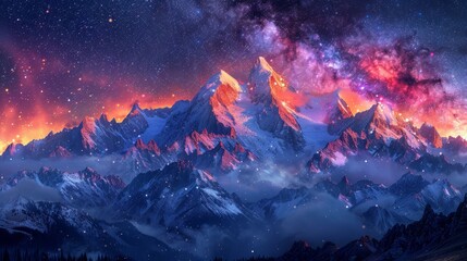 Illuminated by the cosmic light of the Milky Way, a mountain range stands as a monument to the mysteries of the universe, its peaks a silent testament to the grandeur and magnificence of creation. - obrazy, fototapety, plakaty