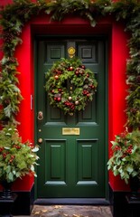 Fototapeta na wymiar Festive Christmas Wreath on a Green Door. Christmas concept
