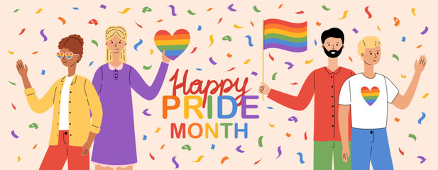 Happy pride month banner. LGBT community. Different people hold rainbow flag and heart. Gays, lesbians, transsexuals and bisexual pride parade. LGBTQ pride. Vector illustration in flat style
