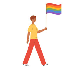 LGBT community. Man gay or bisexual hold rainbow flag. Pride parade. LGBTQ pride month. Vector illustration in flat style 