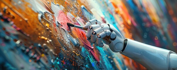 Robot Wielding a Paintbrush to Create Vivid Masterpieces. With Precision and Skill, it Blends Colors on the Canvas