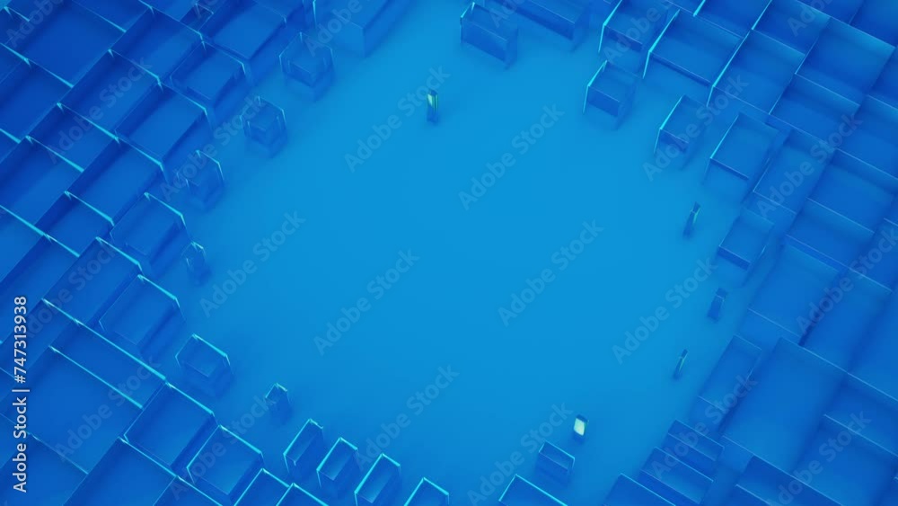 Poster blue semi-transparent glass blocks motion on a background with a place for text. 3d render animation