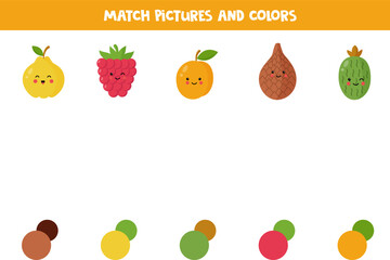 Match kawaii fruits and berries with colors. Educational worksheet for kids.
