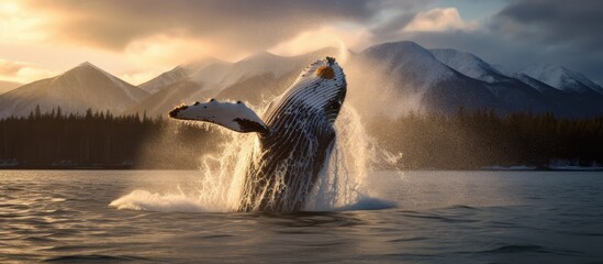 A humpback whale breaches the surface of the water, showcasing its immense size and power as it jumps high into the air before crashing back down into the ocean.