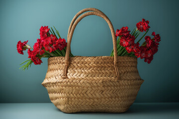 Fototapeta na wymiar Beautiful straw bag with seasonal purple flowers of hyacinth and carnation blossom. Generative AI