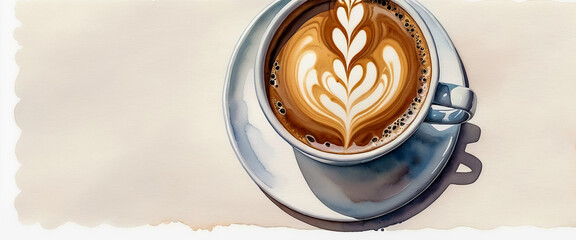 A cup of coffee with latte art. Viewed from above. Illustration in watercolor style.