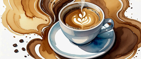 A cup of coffee with latte art. Expressing the scent of coffee. Illustration in watercolor style.