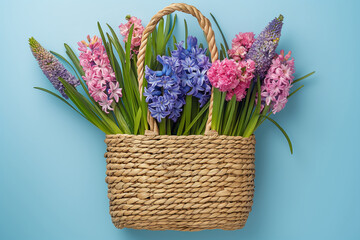 Beautiful straw bag with seasonal purple flowers of hyacinth and carnation blossom. Generative AI