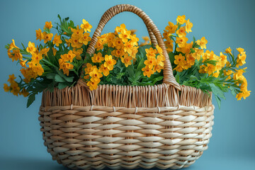 Beautiful straw bag with seasonal purple flowers of hyacinth and carnation blossom. Generative AI