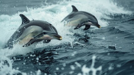 Obraz premium Dolphins Dancing: Graceful Mammals Gliding through the Blue Waters of the Ocean. With their Playful Nature and Intelligent Eyes
