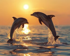 Fototapeta premium Dolphins Dancing: Graceful Mammals Gliding through the Blue Waters of the Ocean. With their Playful Nature and Intelligent Eyes