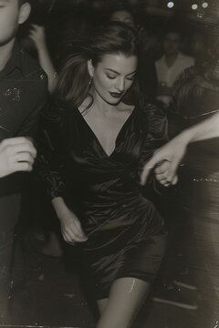 Stylish individuals grooving in a vibrant Medellín club, capturing the essence of the '80s with a grainy, Polaroid-inspired snapshot. A woman in a chic black dress adds allure to the dynamic scene