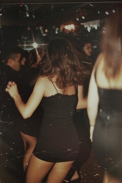 Stylish individuals grooving in a vibrant Medellín club, capturing the essence of the '80s with a grainy, Polaroid-inspired snapshot. A woman in a chic black dress adds allure to the dynamic scene