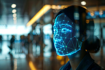 An innovative depiction of facial recognition holograms seamlessly scanning and verifying passengers' identities, the check-in process for flights. futuristic and efficient travel experience - obrazy, fototapety, plakaty