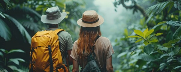 Wanderlust in Woods. Adventurous Travelers Embark on Journey through Forest. With Backpacks and Cameras in tow, They Explore the Beauty of Nature's Bounty