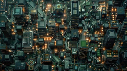 Obraz premium City on the Circuit Board. Fusion of Technology and Urban Innovation. Amidst a Matrix of Digital Connections, Futuristic Skyscrapers Rise into the Night Sky