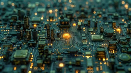 City on the Circuit Board. Fusion of Technology and Urban Innovation. Amidst a Matrix of Digital Connections, Futuristic Skyscrapers Rise into the Night Sky