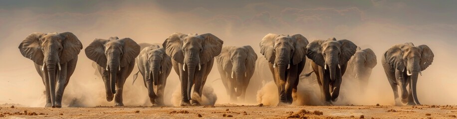 Stampede of Elephant. Display of Nature Giants in Motion. Sandy Backdrop of the African Wilderness, a Herd of Elephants Races Across the Desert - obrazy, fototapety, plakaty