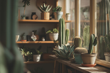 Aesthetic home with cactus and plants on a wooden shelf. Generative AI - obrazy, fototapety, plakaty