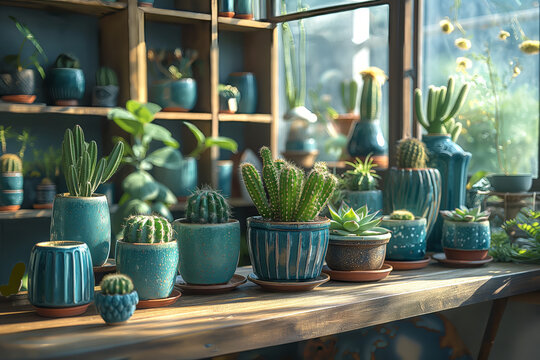 Aesthetic home with cactus and plants on a wooden shelf. Generative AI