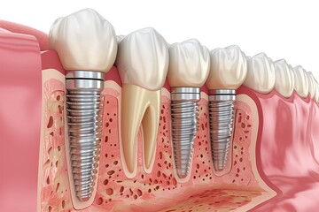 Dental implants on a model of gums and teeth.