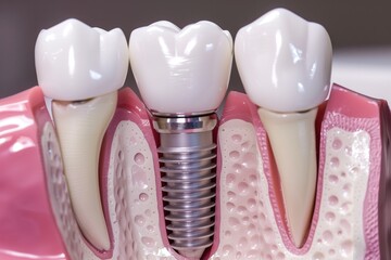 Dental implants on a model of gums and teeth.
