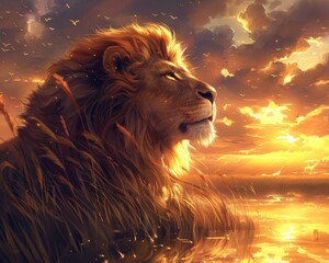 Naklejka premium Majestic King of the African Savannah. Lion, the Wild Beauty of Nature. A Dangerous Predator, the Symbol of Africa's Wilderness