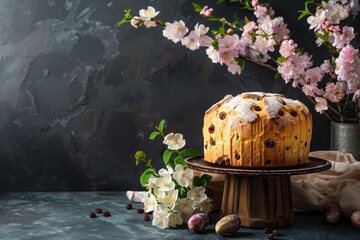 Easter kulich with raisins on a dark background. Close-up.