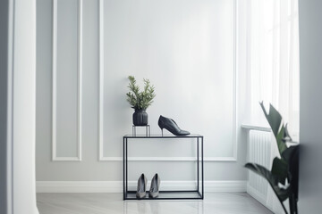 Minimalist Stylish interior of modern hall with shoes on stand. Generative Ai