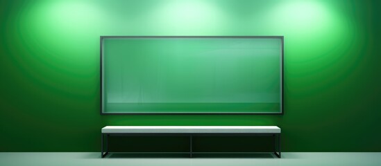 A contemporary art gallery room with vibrant green panels, featuring a television on a stand. The room is sleek and modern, with a blank frame on the wall and a bench for viewers to sit.
