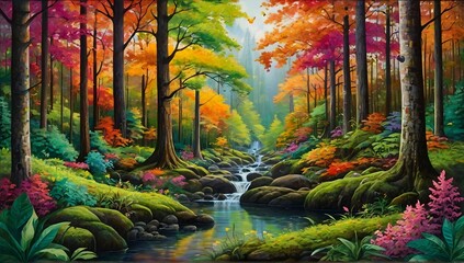 colorful and vibrant forest with lush trees, sparkling streams, and various wildlife. - obrazy, fototapety, plakaty
