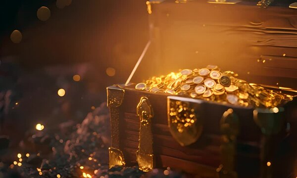 Open treasure chest with gold coins on a blurred background. The concept of treasure and wealth.
