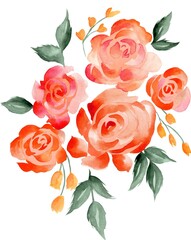Watercolor Bouquet of flowers, isolated, white background, orange roses and green leaves