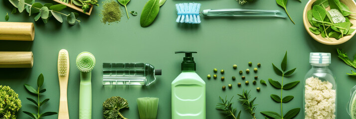 Eco-friendly bathroom and hygiene products - Top-down image featuring green eco-friendly bathroom and hygiene products on a dark background
