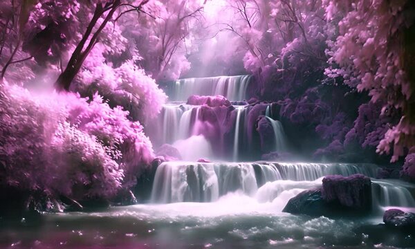 Pink waterfalls in a fantasy forest. The concept of magical nature.